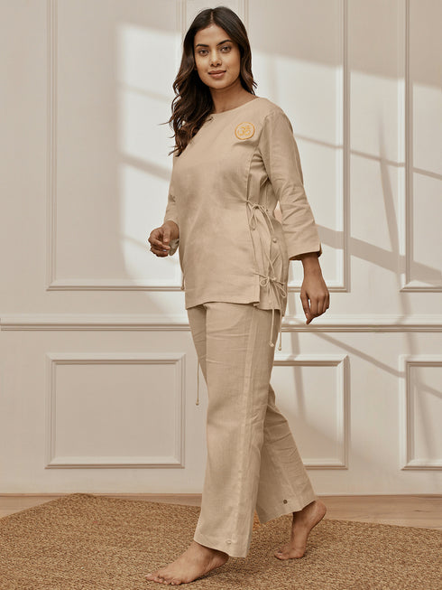 Women Beige Linen Cotton Three-Quarter Sleeves Top with Matching Straight Pants Yoga Set